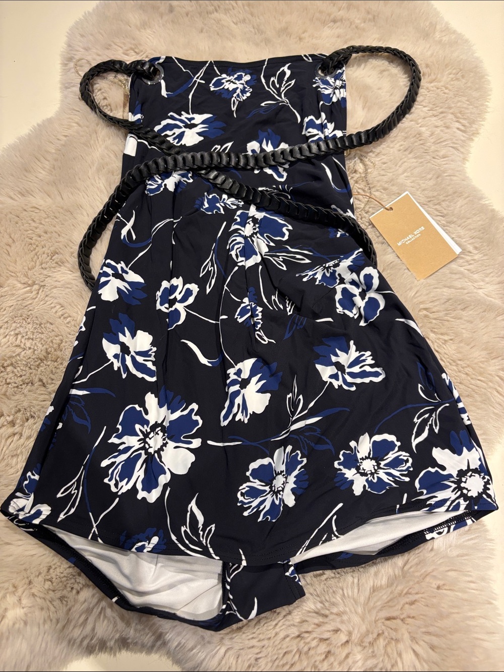 Michael Kors Navy Blue Floral One-Piece Swimdress with Braided Straps